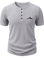 Men'S Ribbed Texture Henley Short Sleeve, All-Over Print Summer Slim Fit Casual T-Shirt - Gray 11