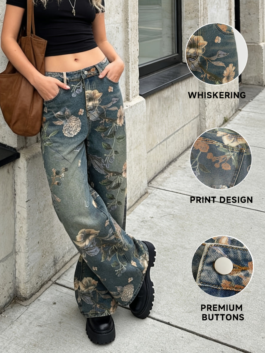 Vintage Boho Low-Rise Wide Leg Jeans for Women, Floral Print Whiskering Denim Trousers - Light Blue
