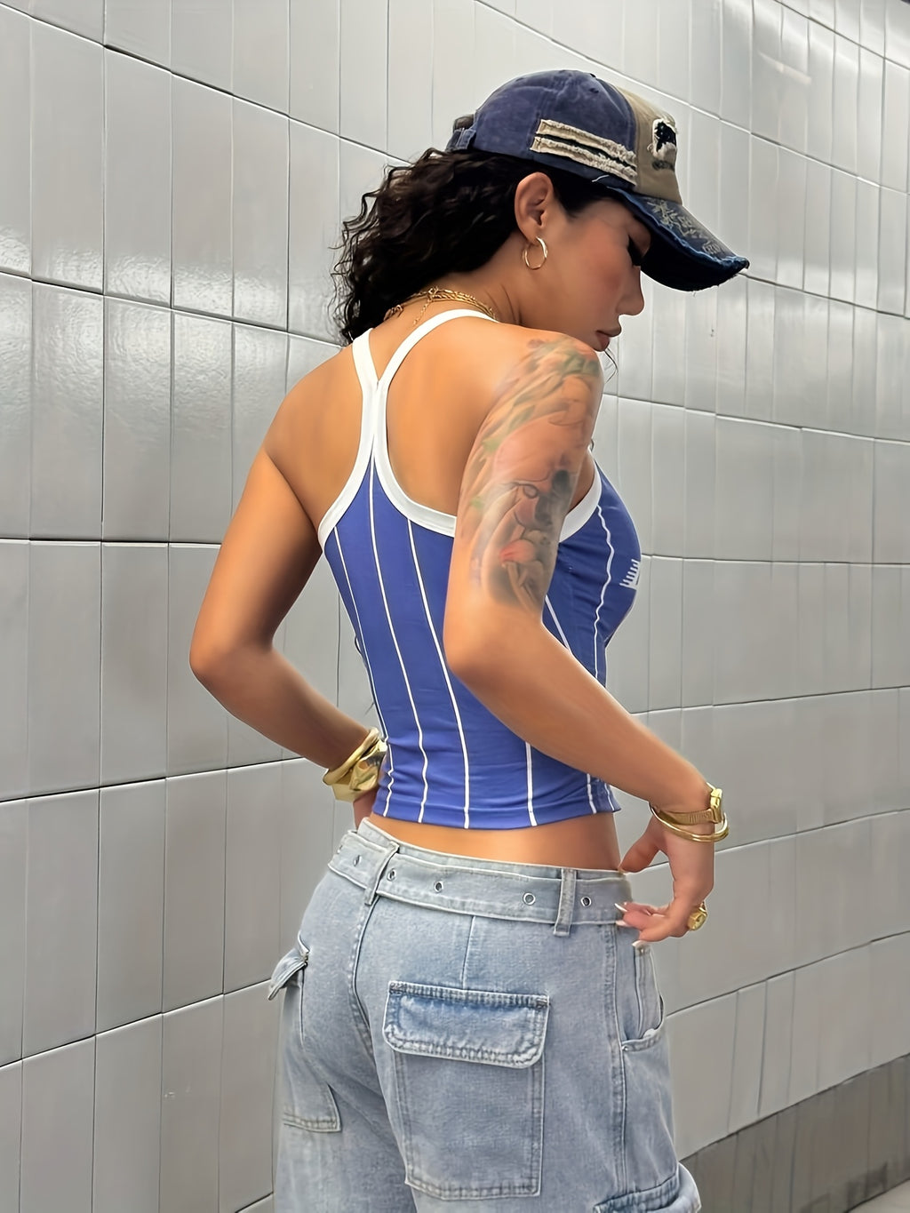 Women'S Striped Color Block Letter Print Slim Fit Fashion Vest - Mixed colors