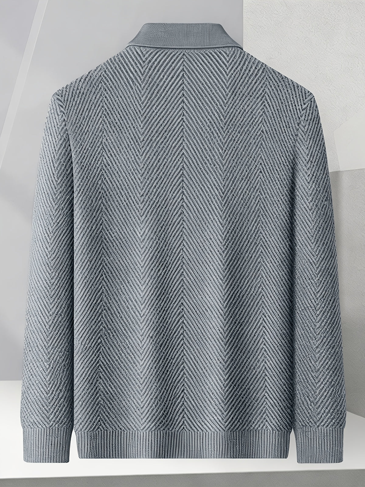 Men's Winter Loose-Fit Polo Lapel Full-Zip Knit Cardigan, Drop-Shoulder Thickened Outerwear, Streetwear Casual Style, Knit Top for Daily Outings - Grey