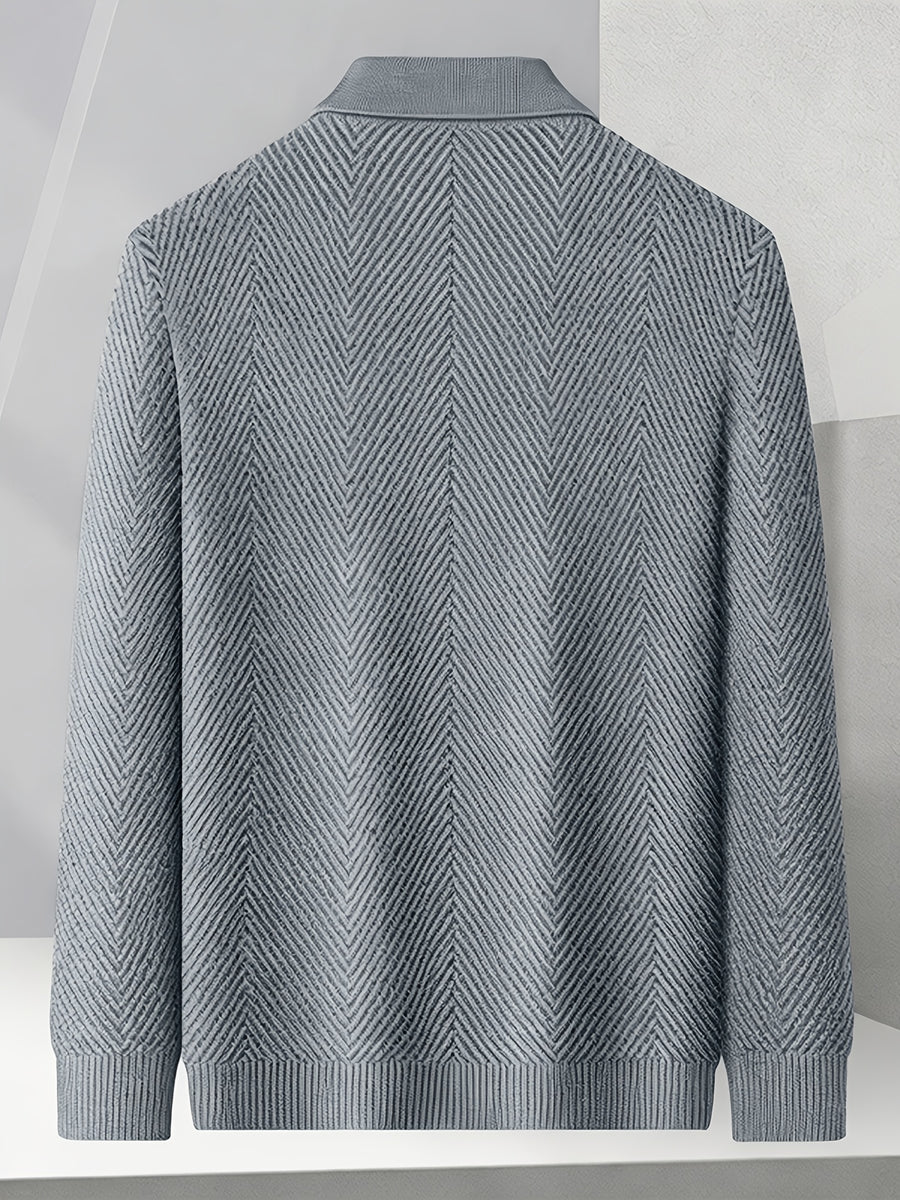 Men's Winter Loose-Fit Polo Lapel Full-Zip Knit Cardigan, Drop-Shoulder Thickened Outerwear, Streetwear Casual Style, Knit Top for Daily Outings - Grey