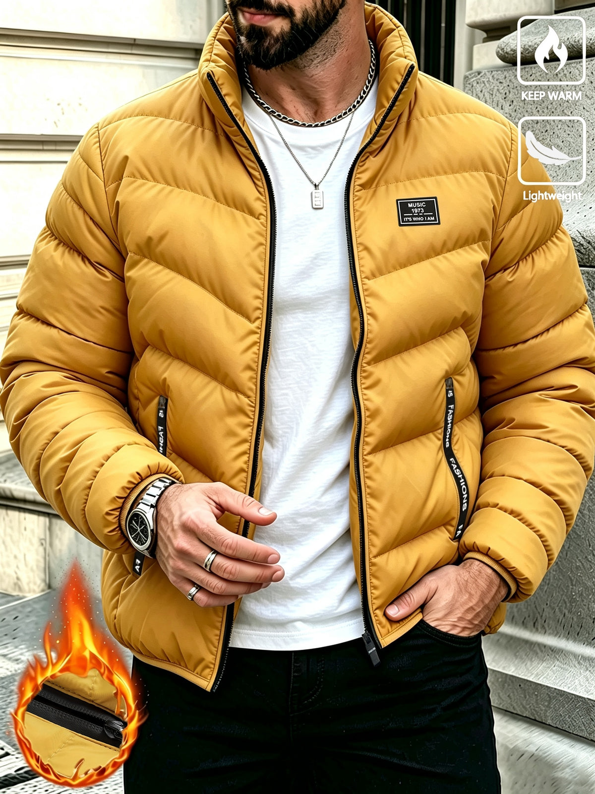 Men'S Autumn Winter Jacket - Zippered Winter Coat with Stand-Up Collar, Comfortable And Warm Casual Outerwear, Layering Essential for Cold Weather - Machine Washable - Blue/Black/Yellow, Versatile Fashion Piece for Daily Casual/Party Entertainment - Yellow