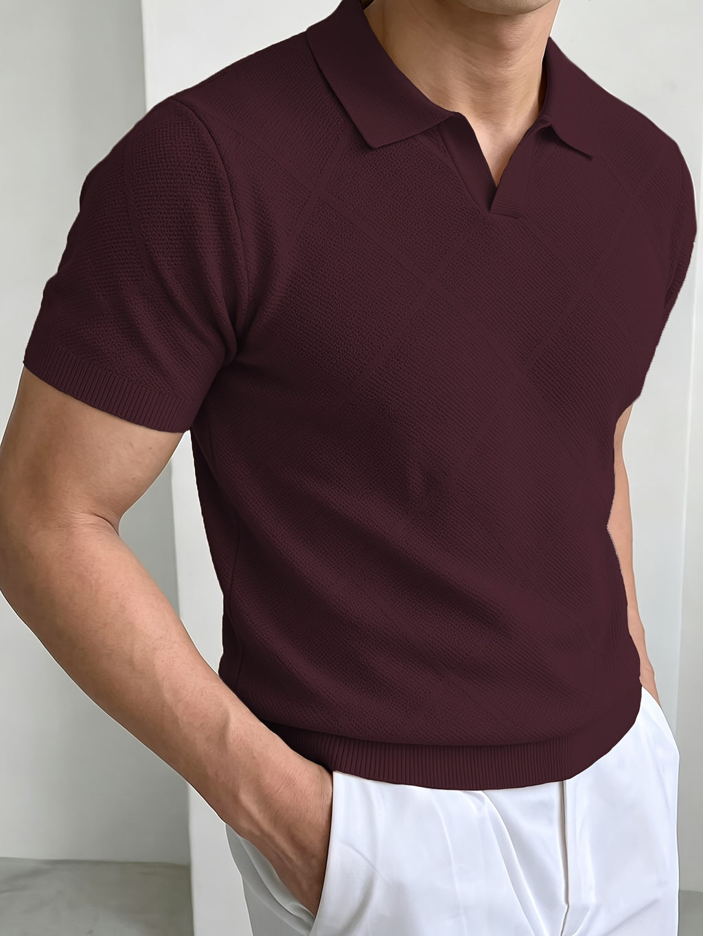 Men's Summer Vintage Rhombus Knit Polo Shirt, Vacation Casual Style Slim Fit Lapel Short Sleeve Sweater, Business Casual Commuter Knit Polo Shirt, a Satisfying Choice for Men - Burgundy color