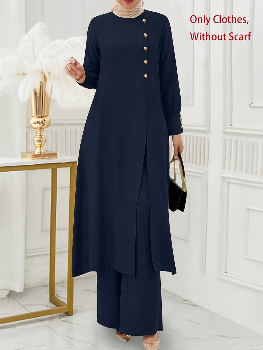 Ramadan, Women's Front-Button Long Sleeve Slit Dress & Pants Casual Arabic Style 2pcs Set, Only Clothes, Without Headscarf - Navy blue color