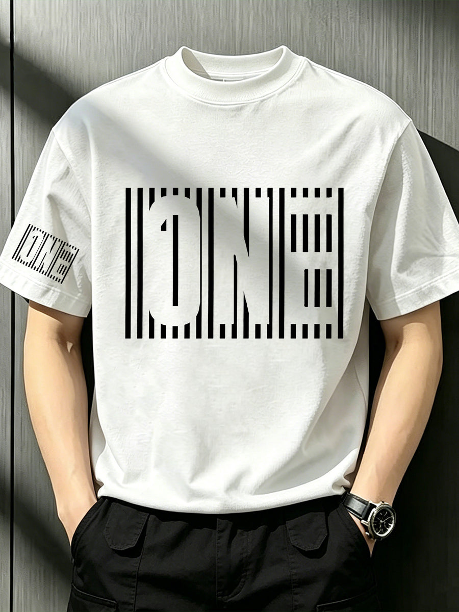 1pc Striped Hollow Letter Printed Men'S T-Shirt, Minimalist Top, Niche Design Wear - Summer Loose Breathable Crew Neck Basic Short Sleeve - White