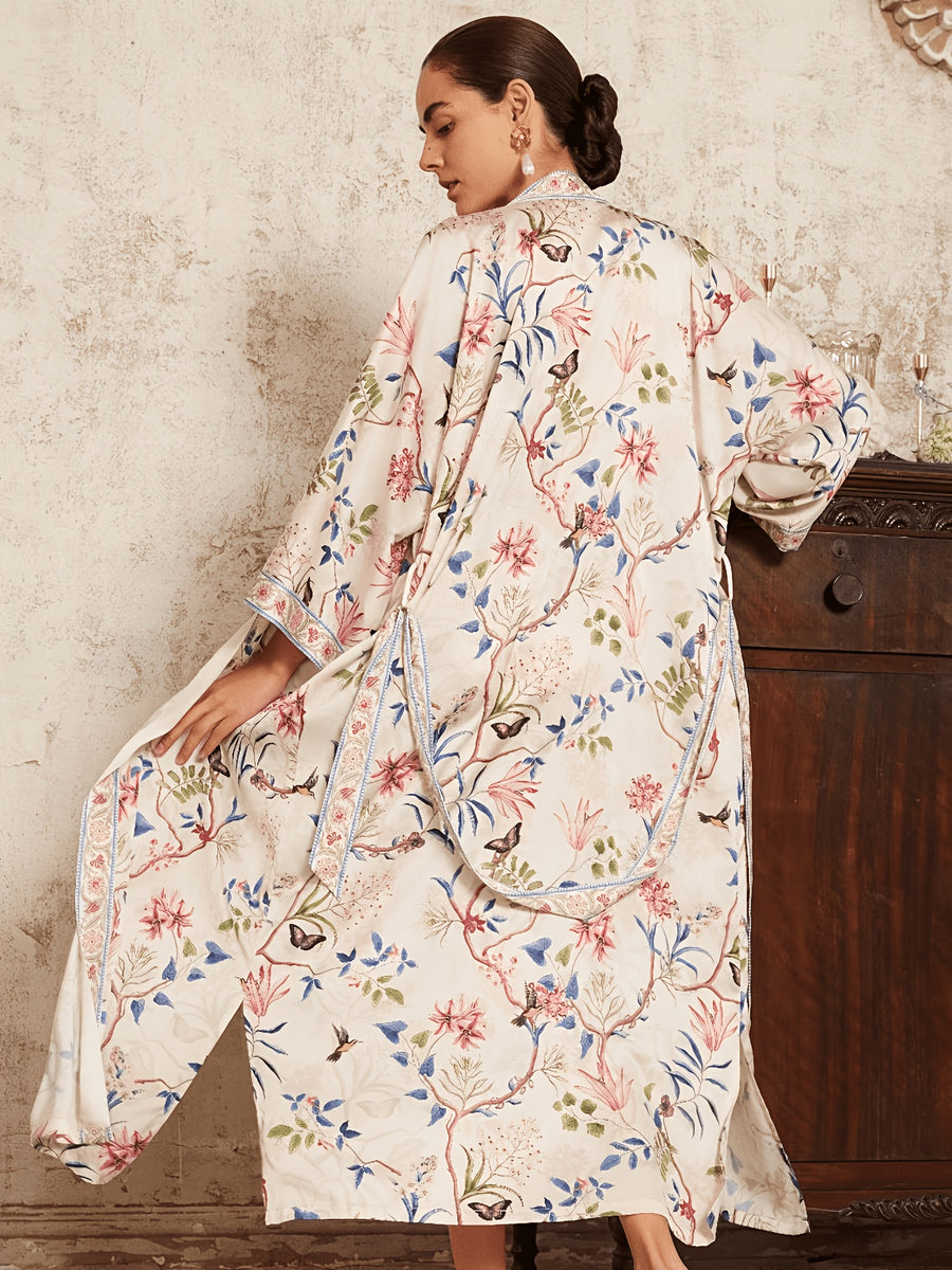 Bohemian Color-Block Small Floral Print Mid-Length Long Sleeve Kimono Cardigan Thin Jacket Women'S Elegant Casual Cover-Up Beach Vacation Resort Shawl Japanese Style Thin Cloak Jacket Hem Slit Pockets Home Bathrobe Belt Bathrobe Cover-Up Robe - Pink Color
