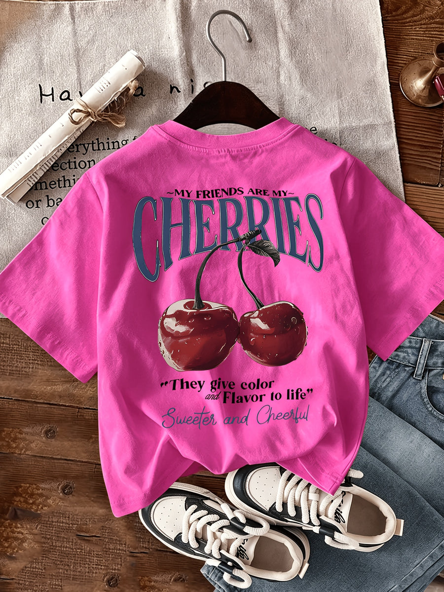 Graphic Print T-shirt, Short Sleeve Crew Neck Casual Top for Summer & Spring, Women's Clothing - Rose Red