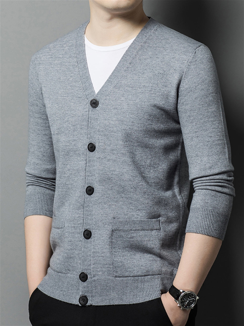 Autumn Winter Knit 3D Solid Color V-Neck Sweater, Basic Knit Cardigan for Men, Fashionable Long Sleeve Sweater, Cangyuan Y - 【Light Grey】