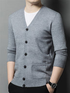 Autumn Winter Knit 3D Solid Color V-Neck Sweater, Basic Knit Cardigan for Men, Fashionable Long Sleeve Sweater, Cangyuan Y - 【Light Grey】