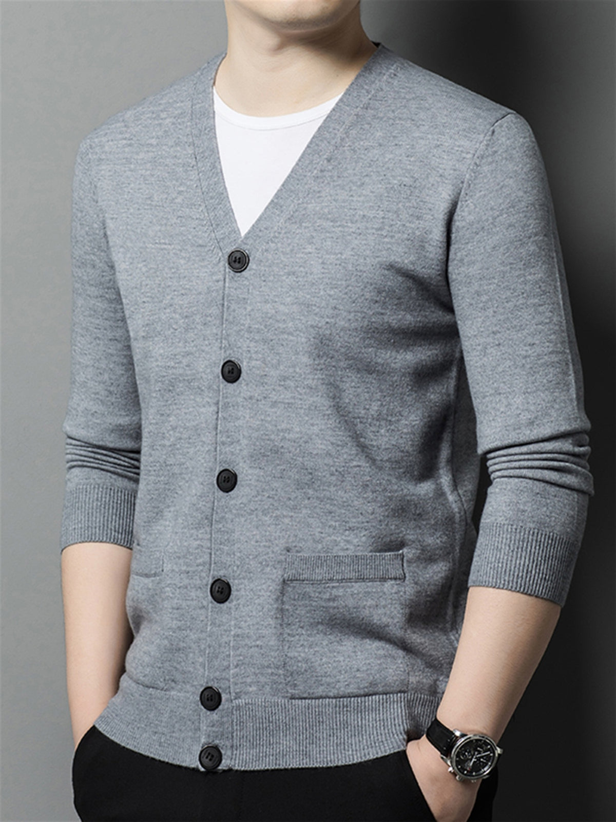 Autumn Winter Knit 3D Solid Color V-Neck Sweater, Basic Knit Cardigan for Men, Fashionable Long Sleeve Sweater, Cangyuan Y - 【Light Grey】