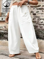 Plus Size, Plus Size Stylish Women's Solid Color Casual Pants, Elastic High Waist with Pockets, Loose Wide-Leg Trousers, Versatile Pants for Commuting and Vacation - White