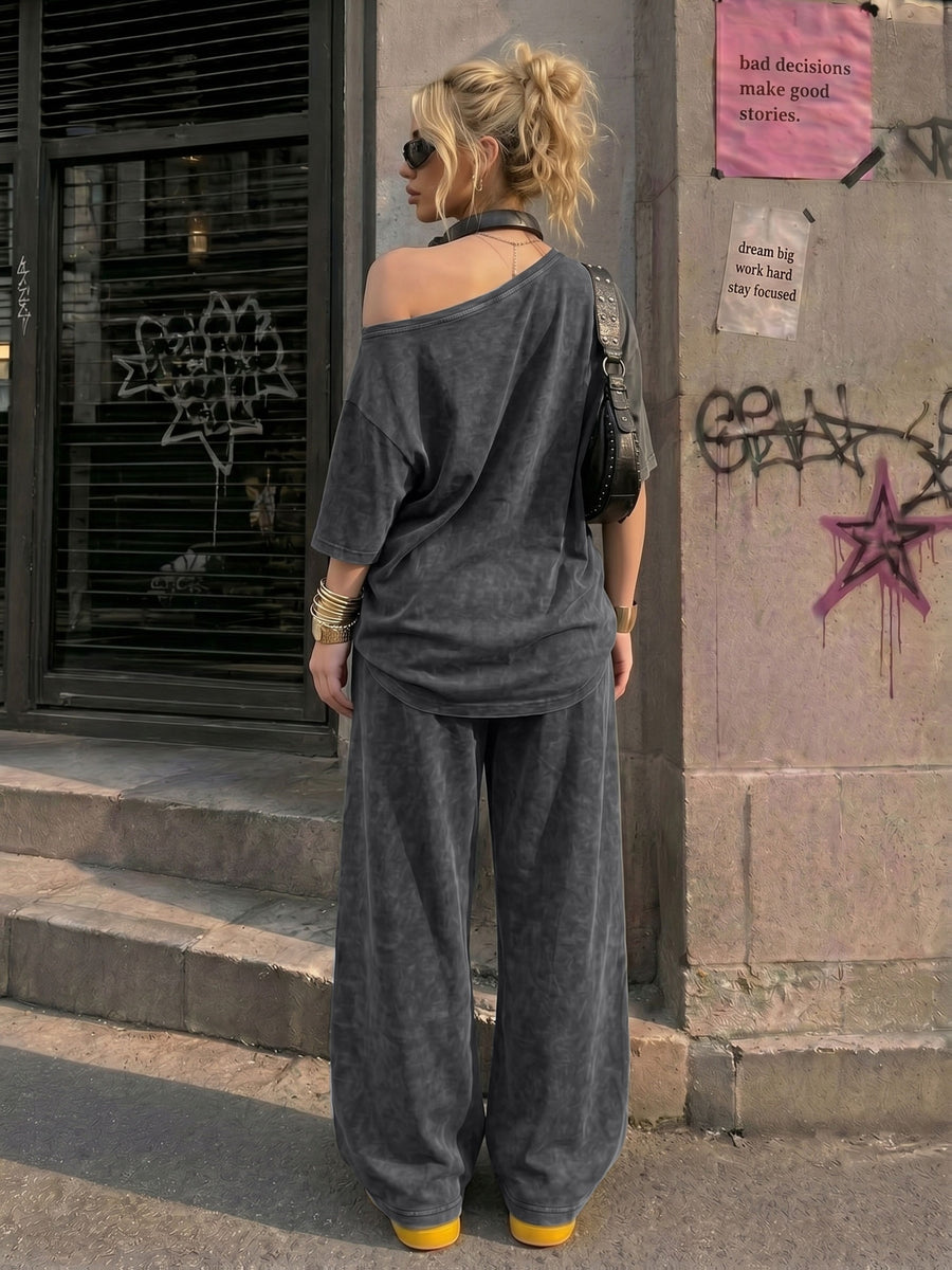Retro American California Size 23 Number Print New Spring Summer Casual Jersey Sportswear, Street Sport Style Women'S Washed Off-Shoulder T-Shirt And Long Pants Two-Piece Set, Washed Suit, American Street College Style - Black