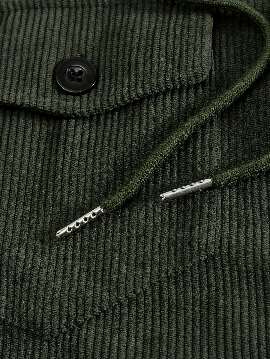Men'S Corduroy Button-Up Shirt with Pocket And Drawstring Detail, Casual Long Sleeve Blouse for Daily Street Style, Gift Idea - Olive Green