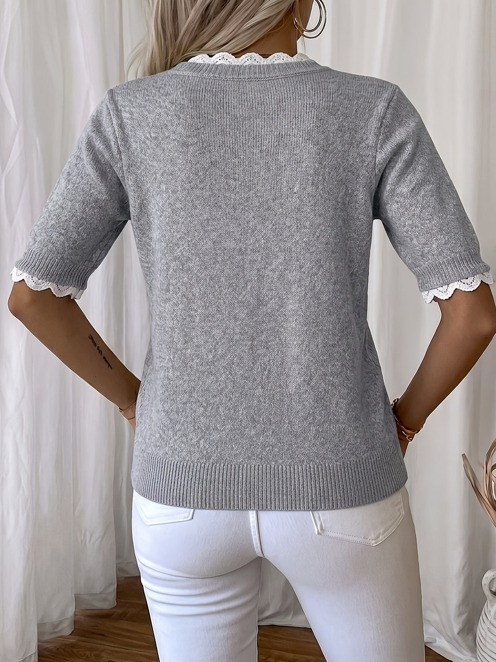 Women'S Elegant Round Neck Sweater Pullover, Casual Short Sleeve Top, Solid Color Spring Summer Pullover, Loose Fit, Comfortable Wear, Suitable for Spring Summer Autumn Fashion Versatile Women'S Clothing, Short And Deep - Light Grey