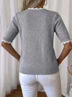 Women'S Elegant Round Neck Sweater Pullover, Casual Short Sleeve Top, Solid Color Spring Summer Pullover, Loose Fit, Comfortable Wear, Suitable for Spring Summer Autumn Fashion Versatile Women'S Clothing, Short And Deep - Light Grey