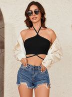 Women's Neckhalter Crop Tops Sexy Y2K Shirts with Cross Straps Waistline No Padded Bra Tops Lingerie - Black