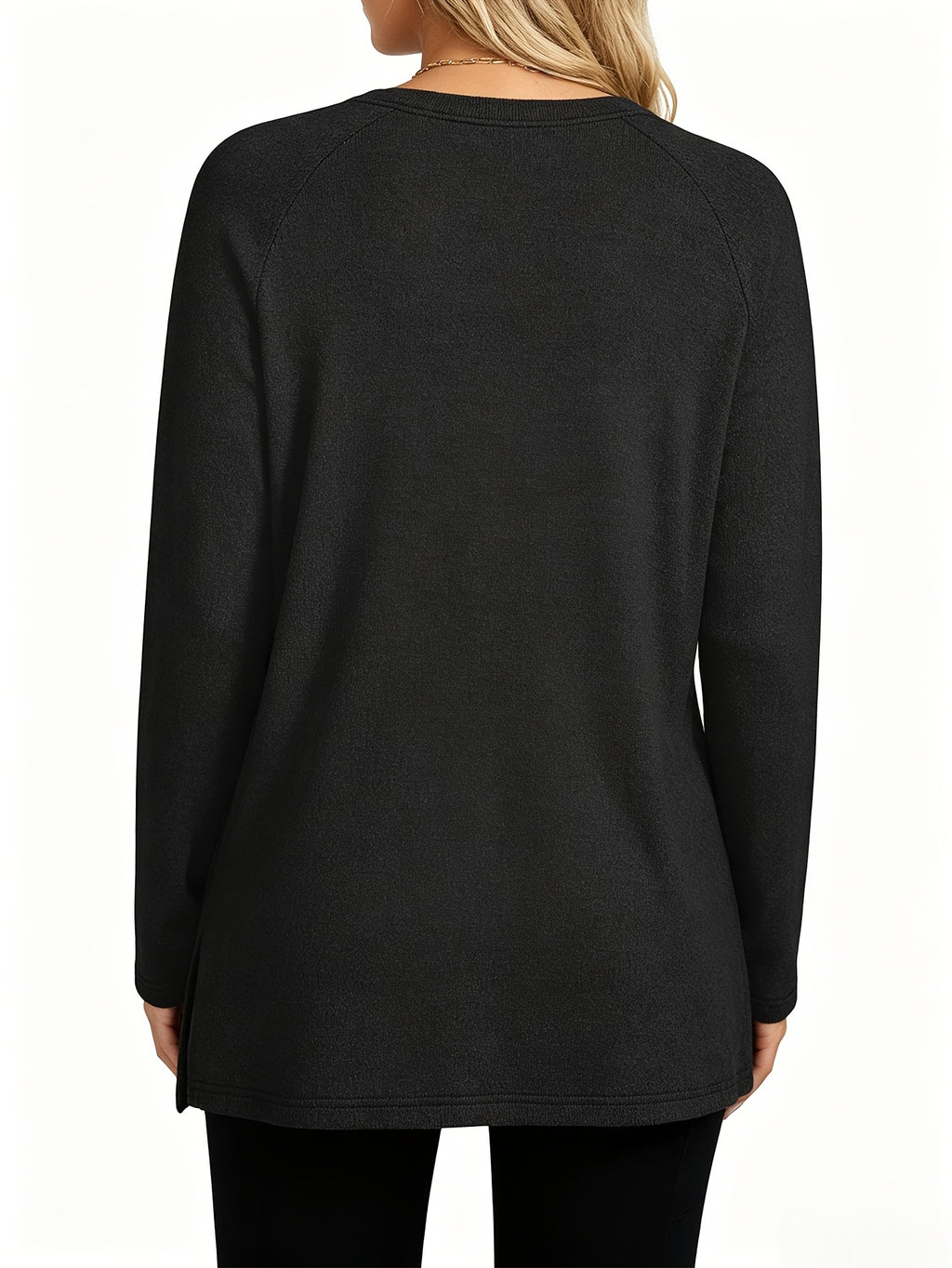 Women's Oversized Longline T-Shirt with Pockets - Loose-Fit Round Neck Long Sleeve -Compatible Basic Top, Solid Color Machine Washable - Casual Basic Wardrobe Staple for Layering & Casual Attire (No Transparency) - Black