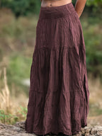 Women's Casual Western-Style Long Pleated Skirt with Drawstring Waist, Multi-Layer Texture for Vacation, Leisure, and Daily Wear - Fuchsia
