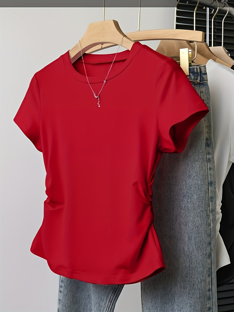 Summer: Regular Shoulder Slim-Fit Irregular T-Shirt with Ruched Curved Waistline for a Effect - Red