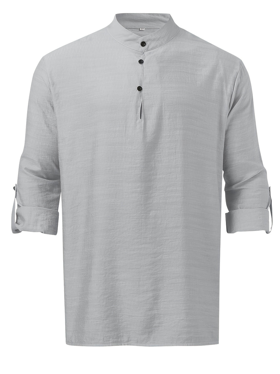 Men'S Fashion New Spring And Autumn Tops Featuring a Stand Collar Henley Shirt, with a Half-Open Single Row of Buttons, Perfect for Outdoor Beach Wear - Light Grey
