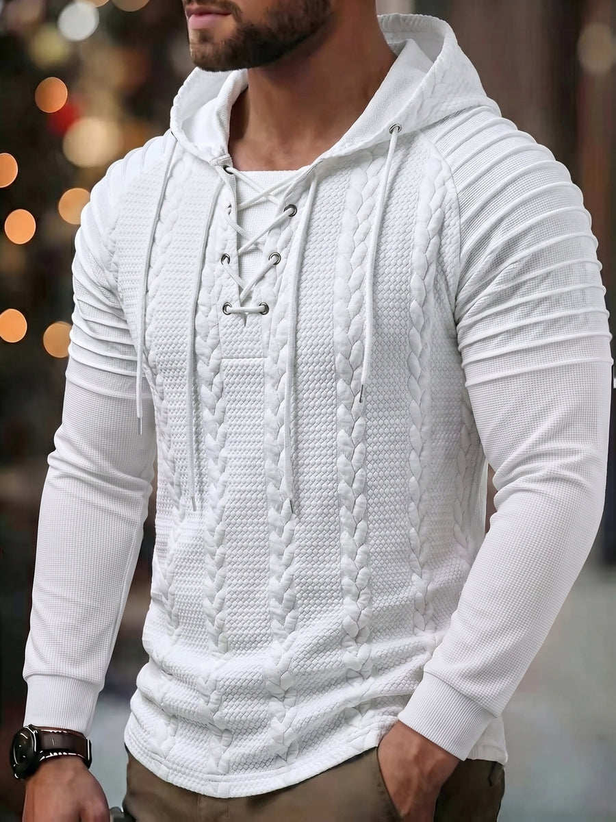 ROYALBOY Textured Jacquard Fabric Contrast Color Pleated Ribbed Sleeves Drawstring Design Fashionable Outdoor Casual Hooded Sportswear Top, Autumn Menswear - White