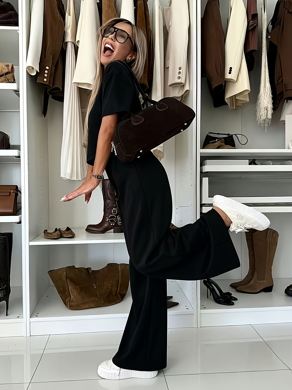 Women'S Suit Set, Air Mesh Fabric Relaxed Short Sleeve Wide-Leg Pants Set, Casual Wear - Black