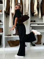 Women'S Suit Set, Air Mesh Fabric Relaxed Short Sleeve Wide-Leg Pants Set, Casual Wear - Black