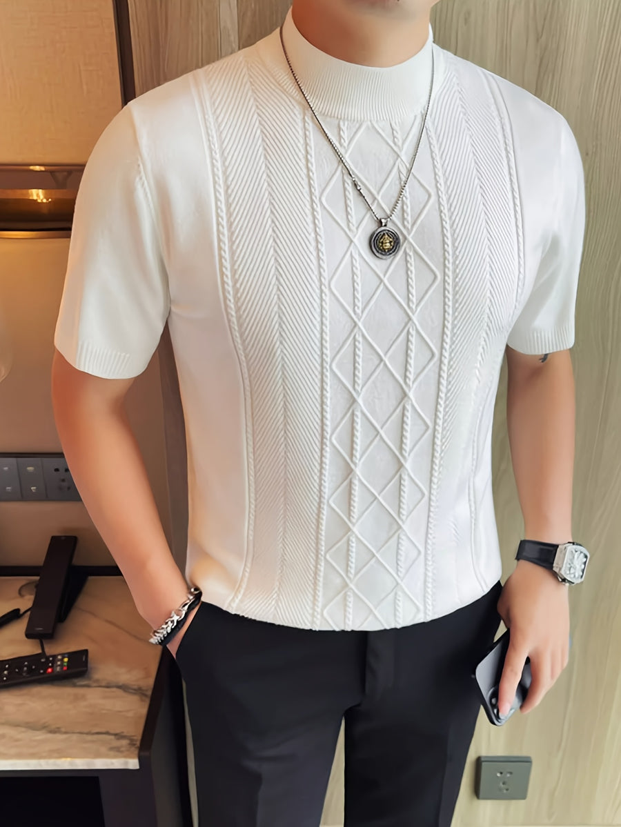Men's New Solid Color Rhombus Fashion Semi-High Neck Knit Sweater, Spring/Summer Casual Short Sleeve Knit Top - White