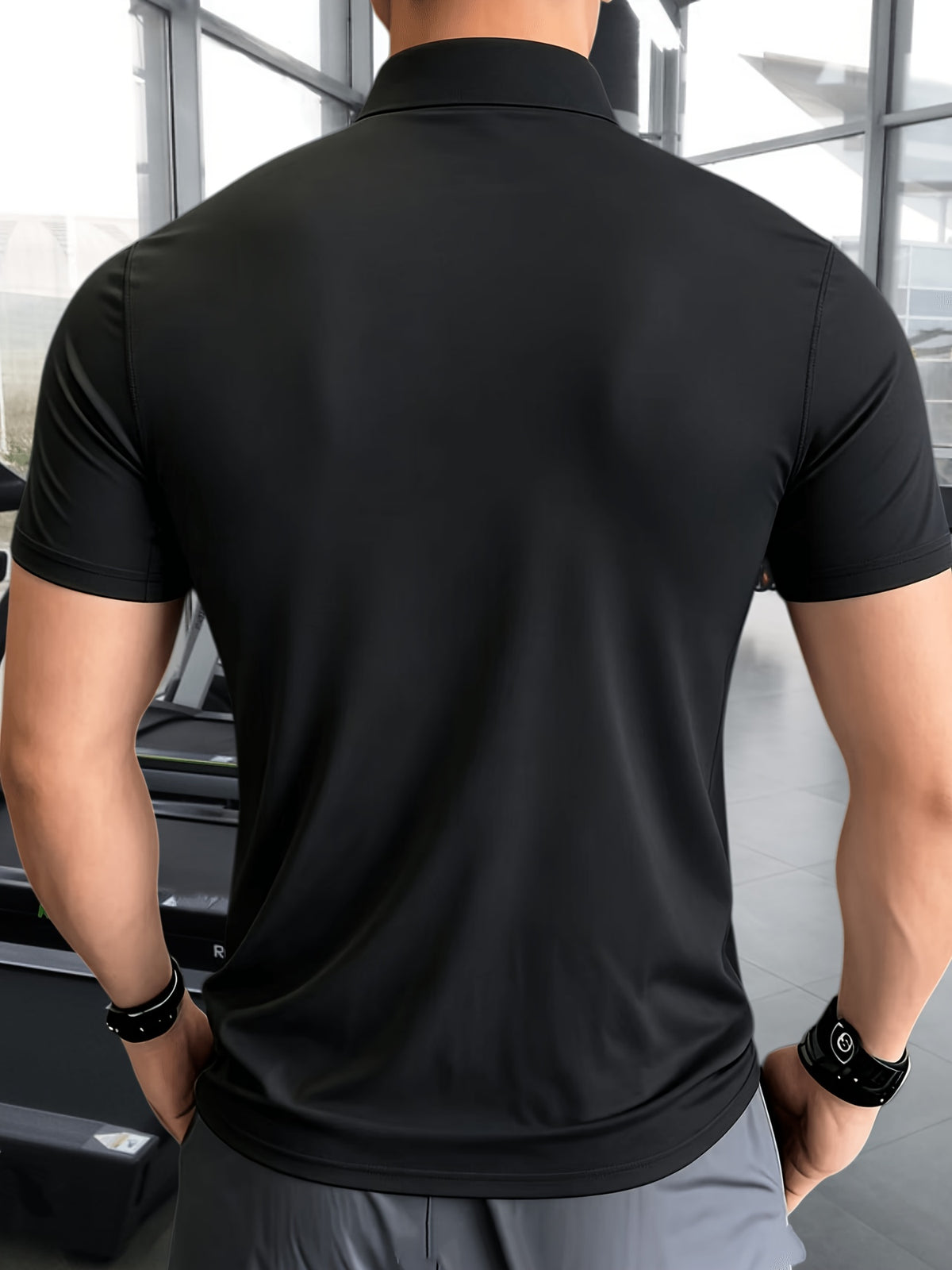 Men'S Muscular Fitness High-Elastic Training Quick-Dry Fitness Wear, Individual Print Patterns, Slim Fit Summer Casual Short Sleeve Shirt T-Shirt - Breathable Elastic Fabric, Stand-Up Collar Design with Open Chest Zipper - Black