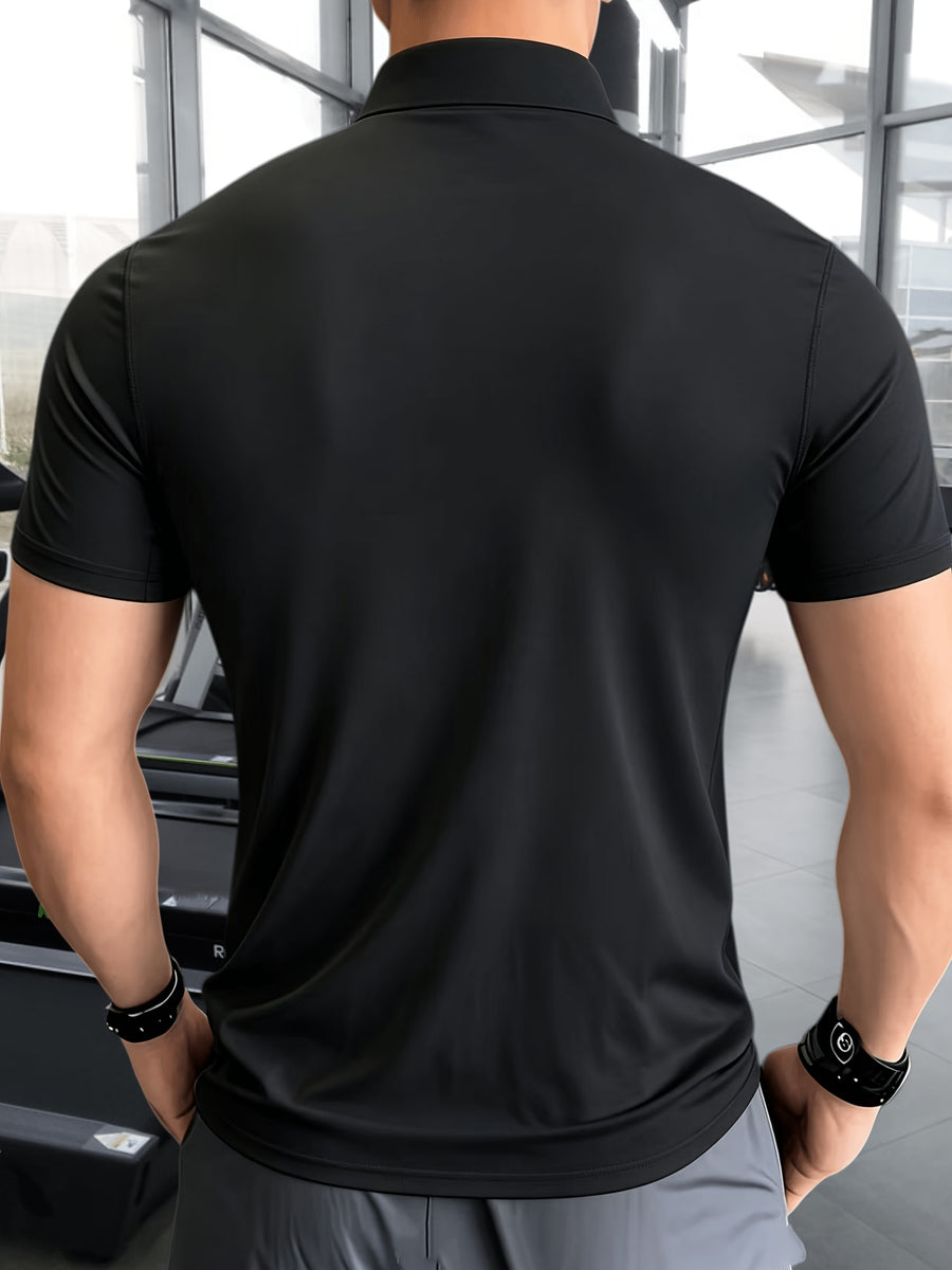 Men'S Muscular Fitness High-Elastic Training Quick-Dry Fitness Wear, Individual Print Patterns, Slim Fit Summer Casual Short Sleeve Shirt T-Shirt - Breathable Elastic Fabric, Stand-Up Collar Design with Open Chest Zipper - Black
