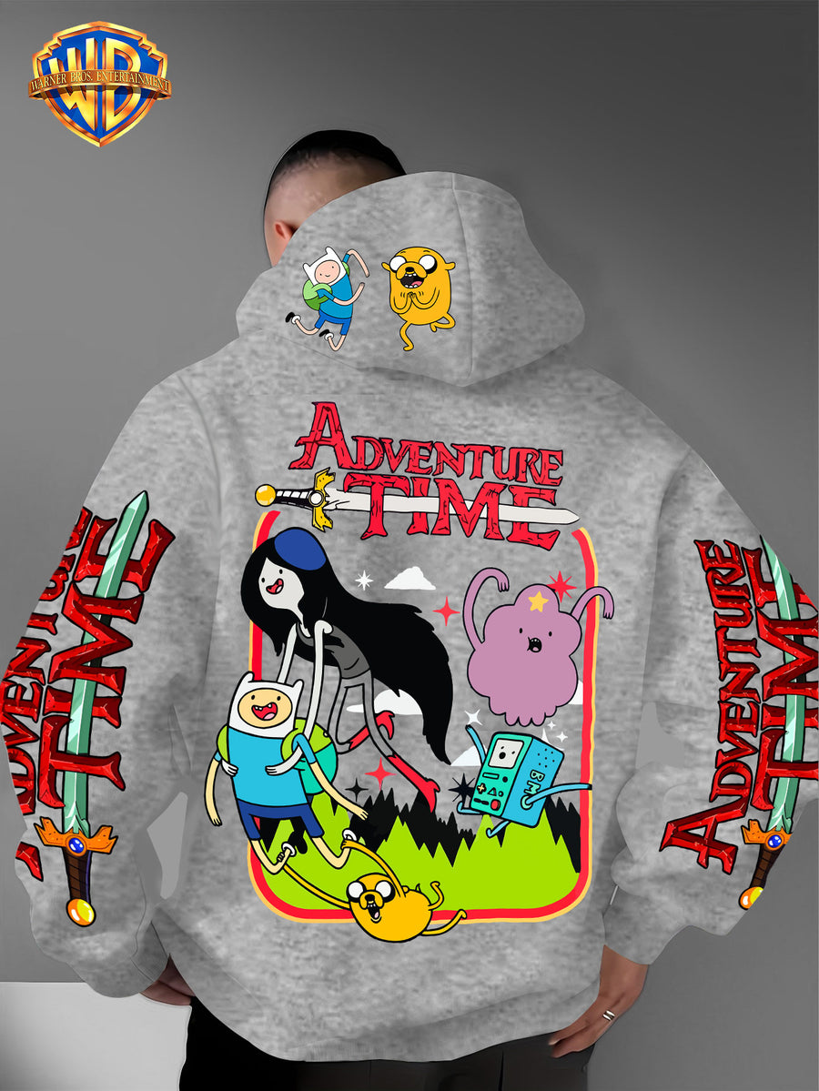 Warner Bros. Adventure Time Large Back Print, Hooded Sweatshirt with Hat Design Pattern, Multifunctional Street Style Men's Hoodie, Comfortable and Casual, Suitable for Autumn and Winter Wear - Light Grey