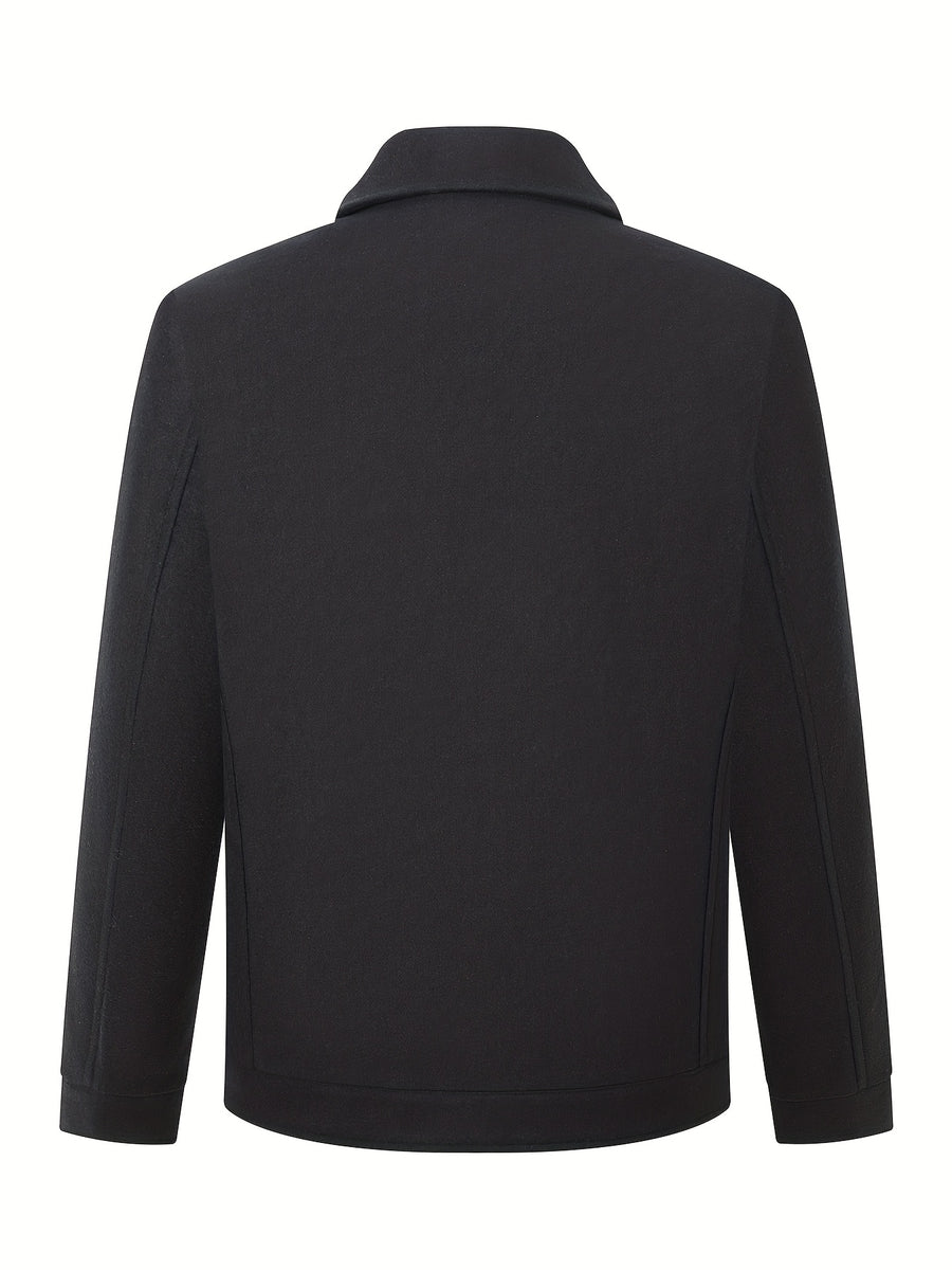 Spring/Autumn Wool Jacket, Workwear Style Outerwear, Warm Fall Style, Solid Color Men's Apparel with Faux Pockets - Black