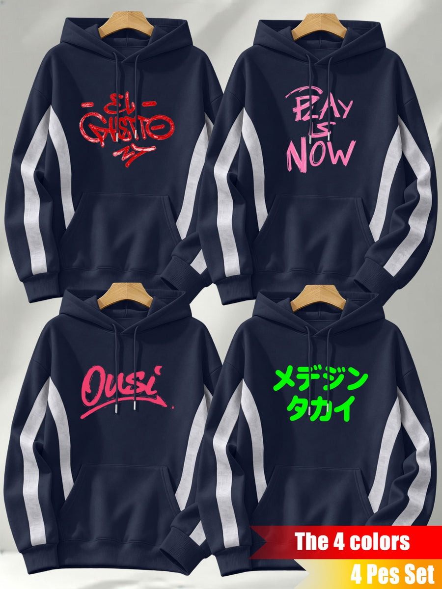 4pcs Set: Autumn/Winter Men's Pullover Hooded Sweatshirt with Diagonal Contrast Color Line Cut on Sleeves, Street Style Top. Features Adjustable Drawstring and Large Kangaroo Pocket for Storing Phones and Small Items. Made of Skin-Friendly - Navy Blue+Navy Blue+Navy Blue+Navy Blue