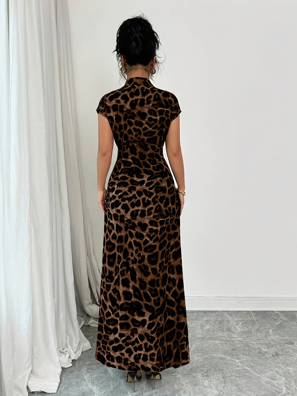 Women'S Elegant Leopard Print Lapel Short Sleeve Waist-Defining Button Front Dress - Dark Brown