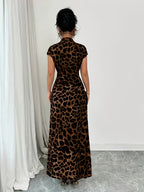 Women'S Elegant Leopard Print Lapel Short Sleeve Waist-Defining Button Front Dress - Dark Brown