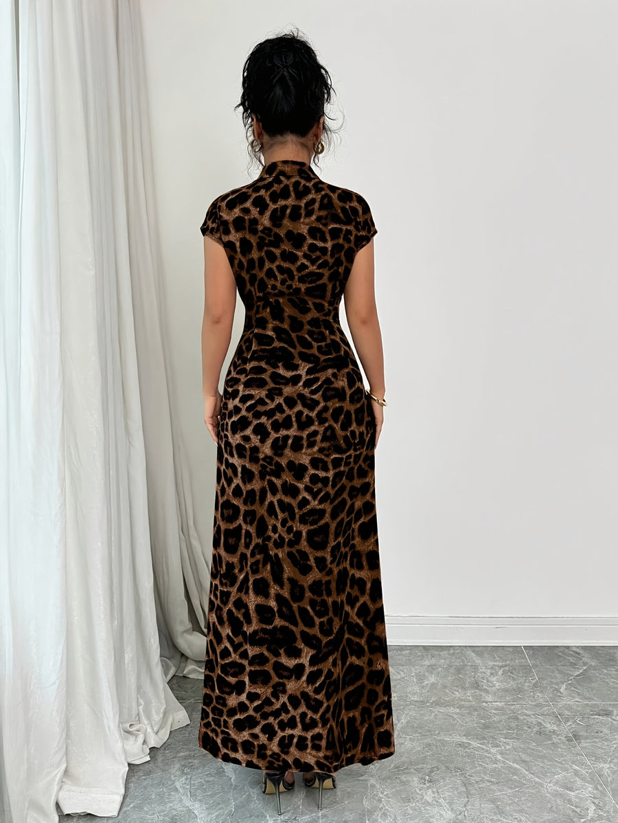 Women'S Elegant Leopard Print Lapel Short Sleeve Waist-Defining Button Front Dress - Dark Brown