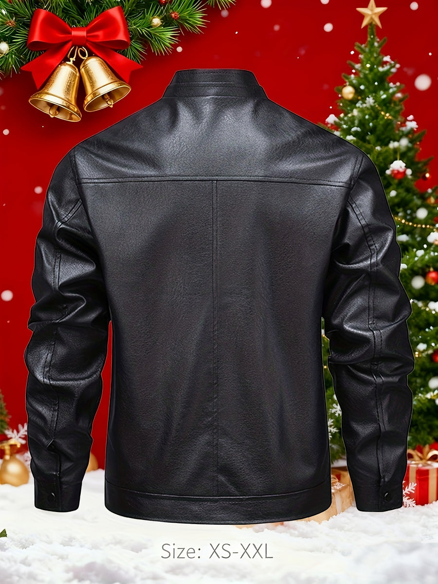 Men's Black PU Jacket - Classic Stand Collar, Zipper Closure, High-Quality Fashionable and Comfortable Outerwear, Standard Sizes XS-XXL, for Daily, Casual Wear and Christmas Occasions, High-Quality and Versatile, Durable and Soft, the Perfect, Winter - Black