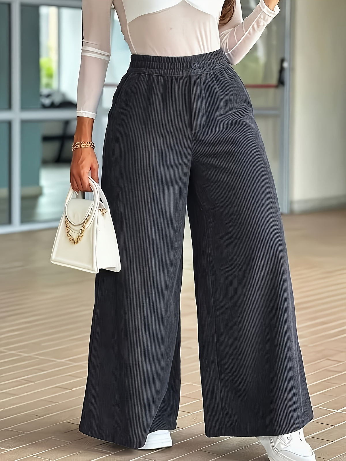 Plus Size, Women's Plus Size Corduroy Wide-Leg Pants - High-Waisted Loose Trousers with Pockets, Corduroy Suitable for - Casual & Dressy Wear, Straight-Leg Flowy Pants for Blouses, Skirts, Outfits - Grey