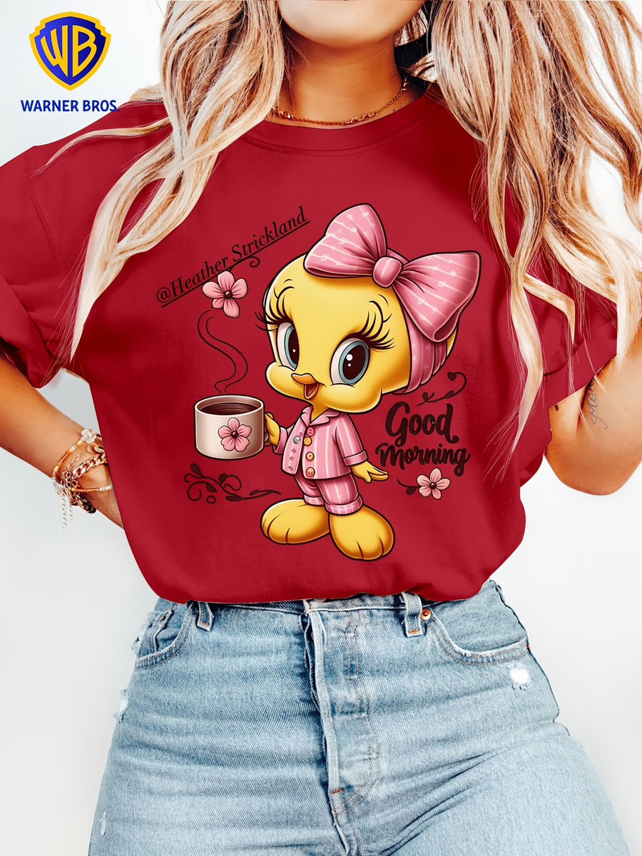 Women'S Elegant Short Sleeve, Cui Di Good Morning Morning Coffee Style Print, Soft Stretch Round Neck Casual Retro Style Top, Warner Bros. Licensed, Suitable for Spring Summer Autumn Daily And Vacation Wear, S-XXL Size - Red