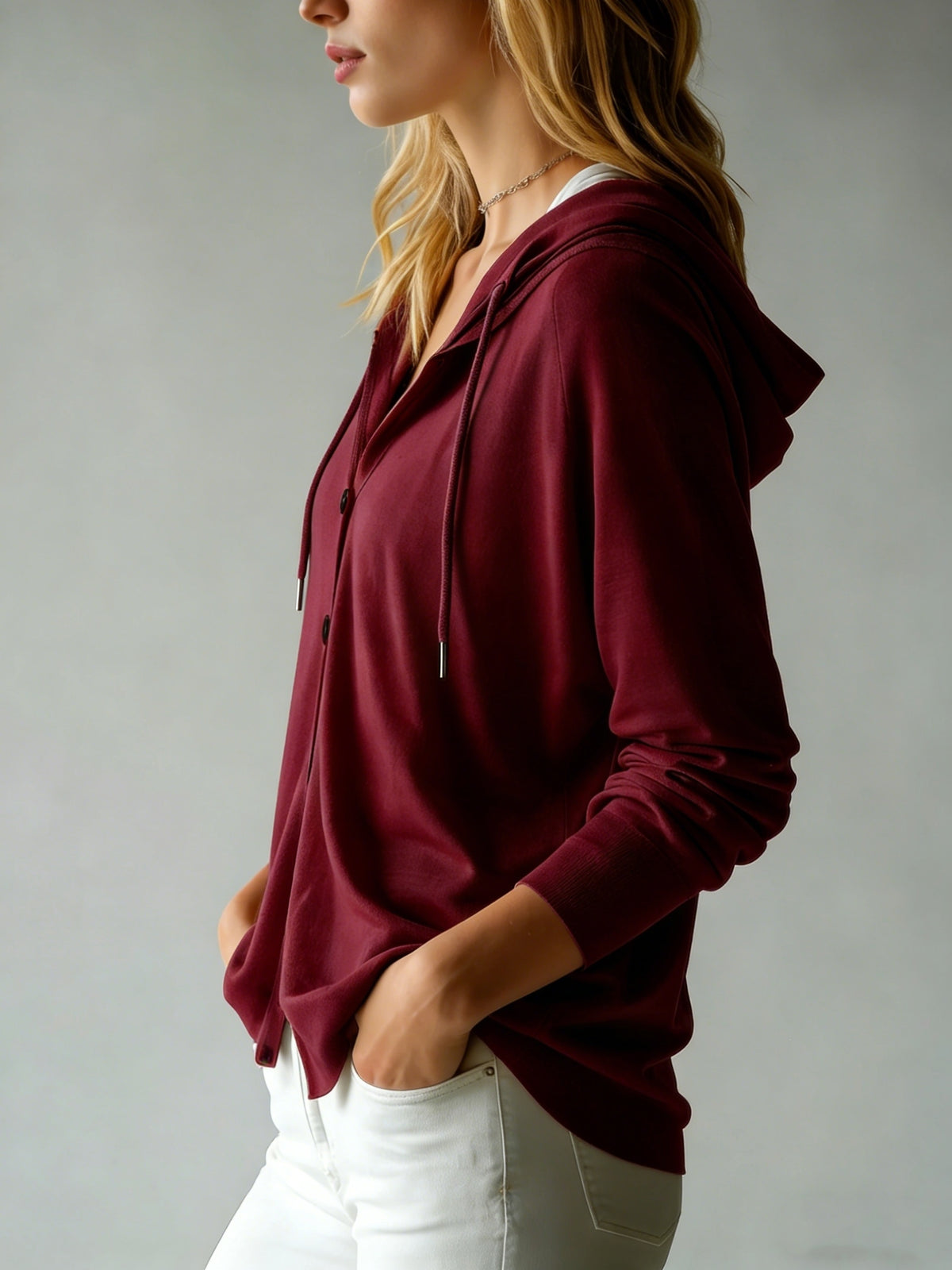 Women's Button Cardigan with a Hood, Drawstring Hood Design, French Style, European and American Style, Casual, Loose, All-season Versatile, Can Be Worn Alone or as an Outer Layer, Suitable for Daily Commuting and Various Occasions. - Burgundy