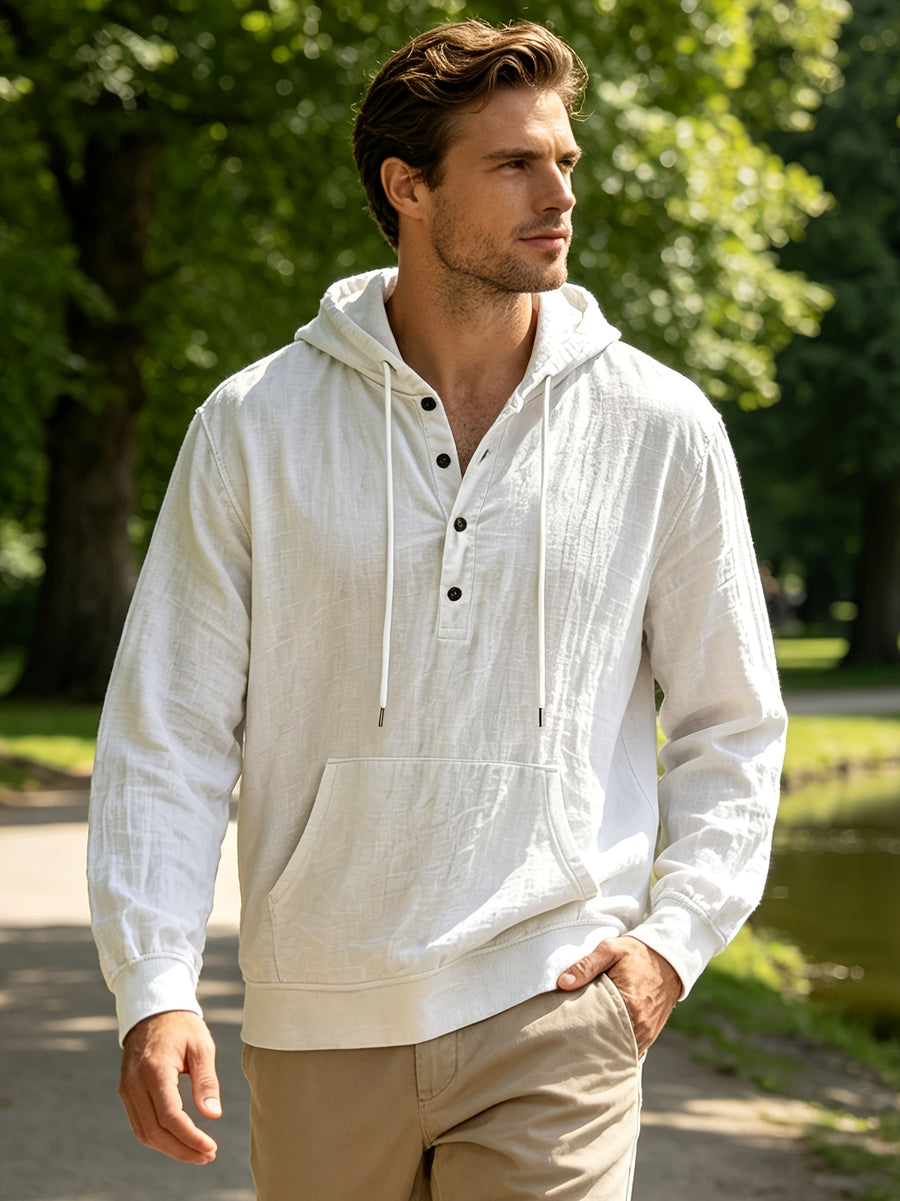 Spring And Autumn Men'S Casual Hooded Shirt, Long Sleeve Shirt, Solid Color Minimalist, Trendy And Versatile, Lightweight And Breathable, Suitable for Beach Vacation, Travel, And Daily Wear - White
