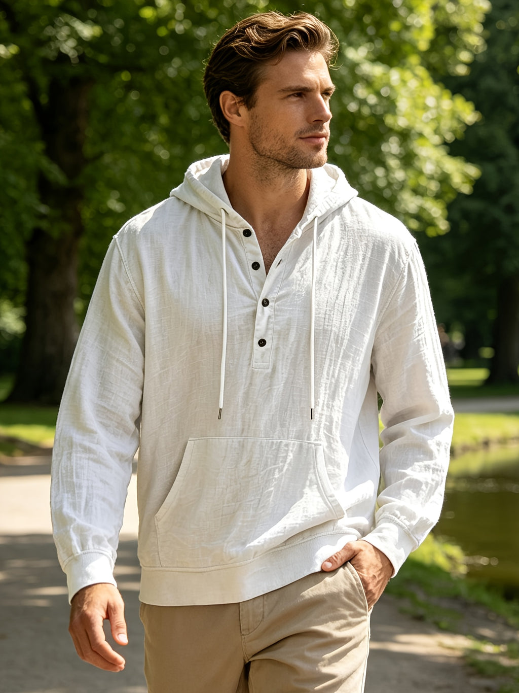 Spring And Autumn Men'S Casual Hooded Shirt, Long Sleeve Shirt, Solid Color Minimalist, Trendy And Versatile, Lightweight And Breathable, Suitable for Beach Vacation, Travel, And Daily Wear - White