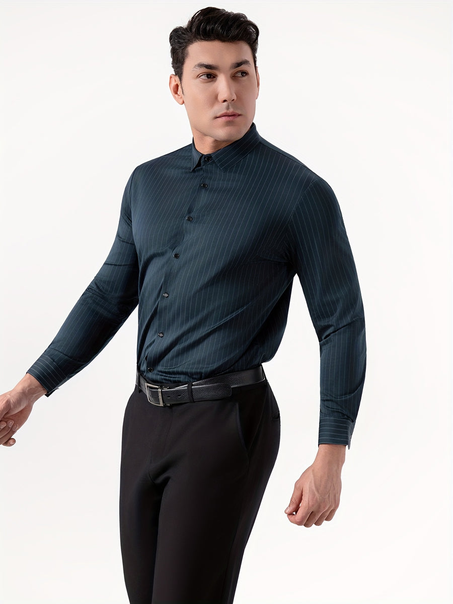 Seamless High-Elasticity Pressed Hem Wrinkle-Free Men's Long-Sleeve Striped Fashion Casual High-End Button-Up Cardigan Four-Way Stretch Men's Top, Fabric Weight 160g, Material 88% Polyester Fiber 12% Spandex - ink green strip