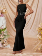 Elegant Rhinestone Bodycon Dress - Sleeveless Small Round Neck Mermaid Slit Dress Suitable for Parties, Weddings, Prom | Shiny Rhinestone Evening Gown for Banquets, Spring Summer Fall Outfits, Hand Washable Solid Color Dress - Black