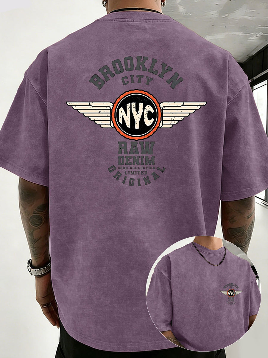Unisex Washed Distressed Pure Cotton T-Shirt with Positioned Double-Sided Print, Loose Fit, Crew Neck, Short Sleeves, Trendy Casual Style, Available in 12 Colors - Purple