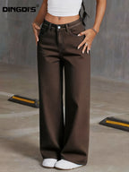Women'S 2026 New Relaxed Fit Wide-Leg Coffee-Hued Jeans, Featuring a Solid Wash, Long Design with Pockets, Ideal for Versatile And Basic Outfits, Comfortable for Casual Wear, And Suitable for Work, Travel, And Office Settings - Coffee Color