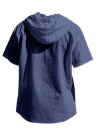 Men's Short Sleeve Hooded Shirt, Casual Button Hoodie Top with Chest Pocket, Lightweight Breathable Summer Shirt for Beach Vacation, Travel, Resort Wear, Outdoor Leisure, Streetwear Style and Daily Casual Outfit - Navy Color