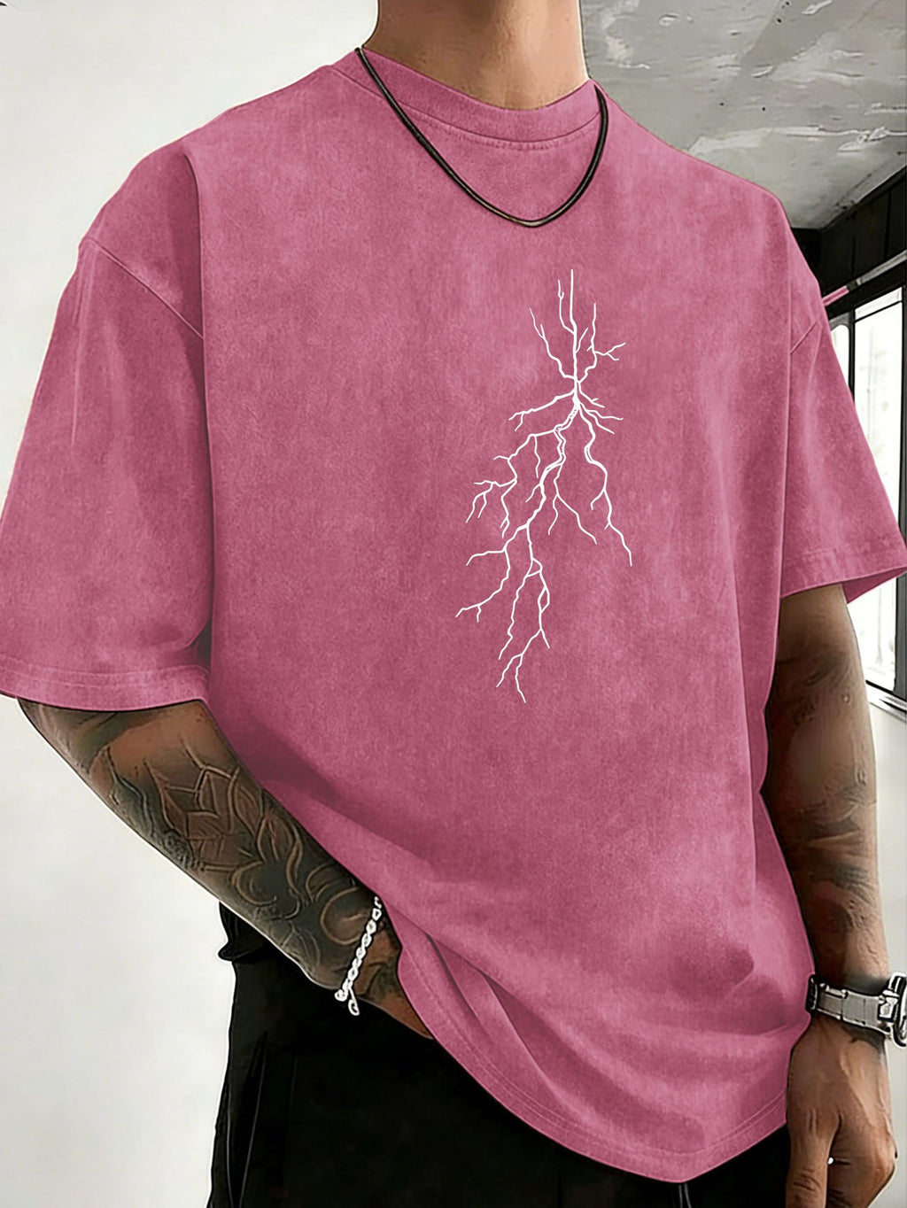 Men 100% Washed Distressed Crew Neck Short-Sleeve T-Shirt, Sketch Lightning Graphic Position Double-Sided Print, Trendy Loose Casual Tee Tops, 12 Colors Available - Rose Red