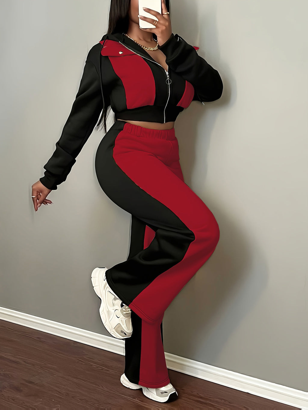Autumn-Winter Fashion Color Block Hooded Sweatshirt and Pants Set - Black And Red