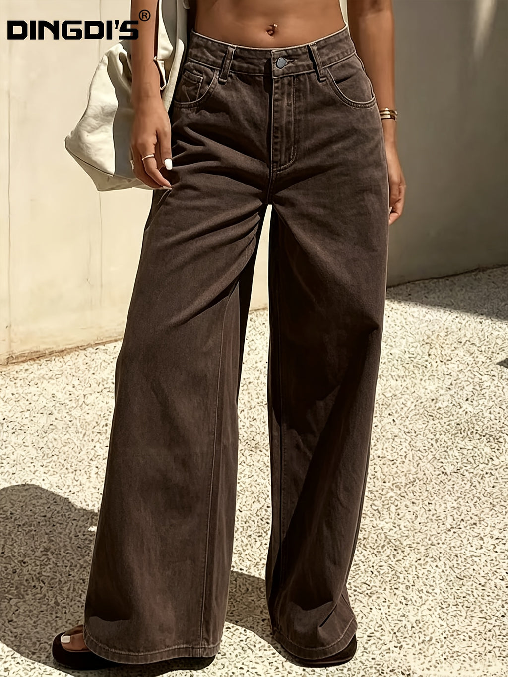 Ladies' New Stretch Loose Wide-Leg Coffee-Colored Jeans, Washed Solid Color Denim Long Pants with Pockets, Basic And Versatile for Women'S Clothing, Comfortable Casual Trousers, Loose Trousers Suitable for Work, Travel, And Office Wear - Coffee Color